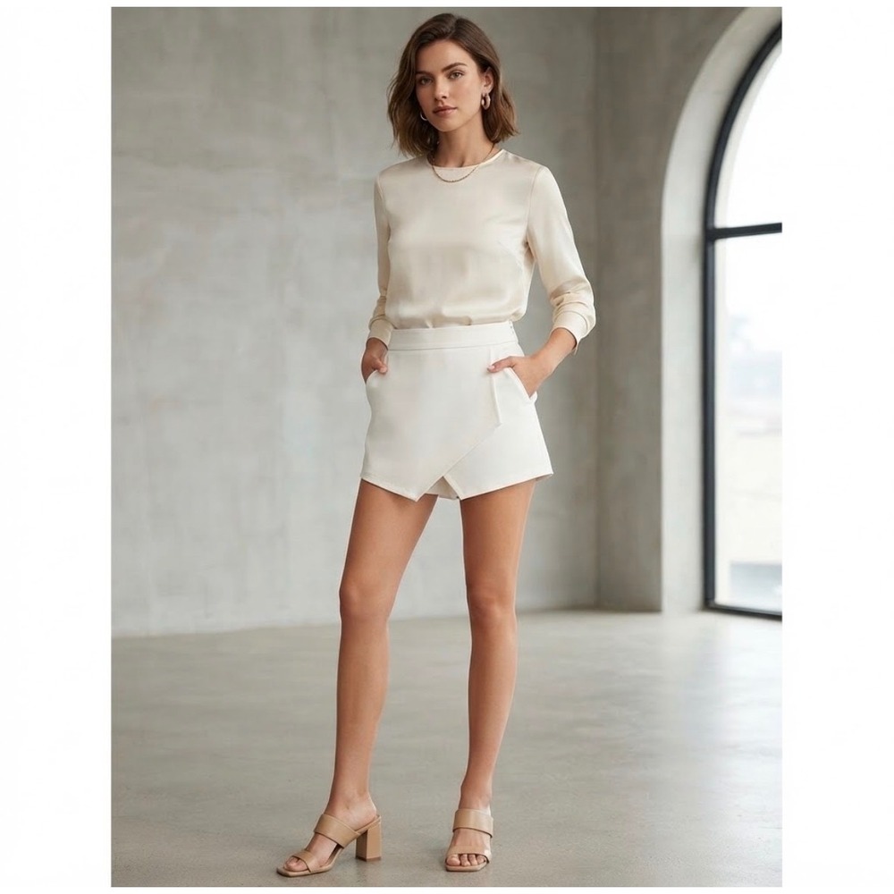 Zara Skort Womens XS White Asymmetrical Wrap Front Mini Skirt Shorts Back Zipper